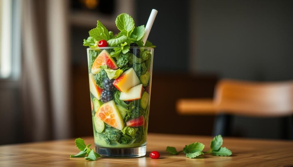 A vibrant, health-centric shake in a sleek, modern glass tumbler sits atop a wooden table. The concoction comprises a lush blend of fresh greens, ripe fruit, and a touch of honey for natural sweetness, all conspiring to create a delightfully energizing yet caffeine-free beverage. Soft, diffused lighting casts a warm glow, highlighting the rich colors and inviting texture of the ingredients. The scene exudes a sense of wellness, balance, and a focused determination to fuel the body naturally for an evening workout session.