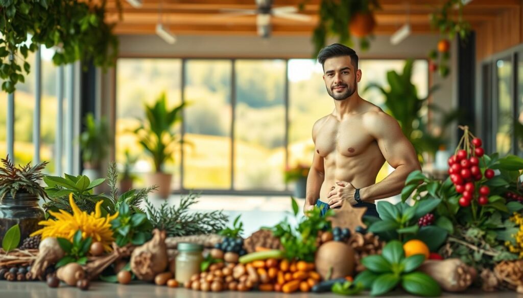 A vibrant natural environment with lush greenery, earthy tones, and a serene atmosphere. In the foreground, a confident, fit individual stands amidst an array of healthy, natural supplements and ingredients, such as various herbs, roots, and berries. The middle ground showcases a clean, well-lit gym setting, with a focus on the individual's strong, athletic physique. The background features a warm, sun-dappled landscape, hinting at the outdoors and the harmony between nature and wellness. Soft, diffused lighting and a shallow depth of field create a welcoming, holistic feel, showcasing the natural alternatives to traditional pre-workout supplements.