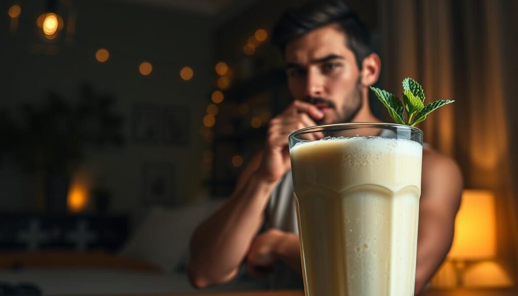 A vibrant, natural-looking shake set against a serene, dimly lit nighttime backdrop. In the foreground, a glass filled with a lush, creamy beverage accented with a sprig of fresh mint, conveying a sense of health and wellness. In the middle ground, a focused, confident individual stands, sipping the shake with a determined expression, emphasizing the benefits of this pre-workout ritual. The background features a cozy, dimly lit home setting, with soft, warm lighting casting a calming glow, creating an atmosphere of tranquility and relaxation. The overall scene is captured with a wide, cinematic lens, highlighting the harmony between the shake, the person, and the environment, showcasing the advantages of this caffeine-free, natural approach to nighttime training.