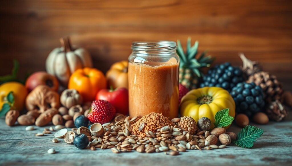 A vibrant, natural-looking still life scene showcasing an array of wholesome, homemade pre-workout ingredients. In the foreground, an assortment of fresh fruits, nuts, and seeds are arranged artfully against a wood surface. Diffused natural lighting casts a warm, golden glow over the scene, highlighting the rich colors and textures. In the middle ground, a glass jar or shaker filled with a vibrant, nutrient-dense powder drink sits prominently, conveying the essence of a homemade, caffeine-free pre-workout supplement. The background features a simple, minimalist backdrop, allowing the focus to remain on the natural, healthful components of this homemade pre-workout recipe.