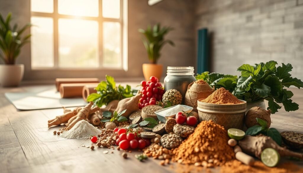 A vibrant, natural still life composition showcasing an assortment of organic compounds ideal for athletic performance and recovery. In the foreground, a selection of whole foods and supplements are artfully arranged, including roots, berries, leafy greens, and powders. The middle ground features athletic equipment like resistance bands and exercise mats, suggesting the practical application of these natural compounds. The background depicts a sunlit, minimalist gym space with clean lines and natural textures, conveying a sense of balance, discipline, and well-being. Warm, diffused lighting casts a soft, inviting glow over the scene, capturing the overall mood of holistic fitness and nutrition. Captured with a wide-angle lens to highlight the harmonious relationship between the natural elements and the gym environment.