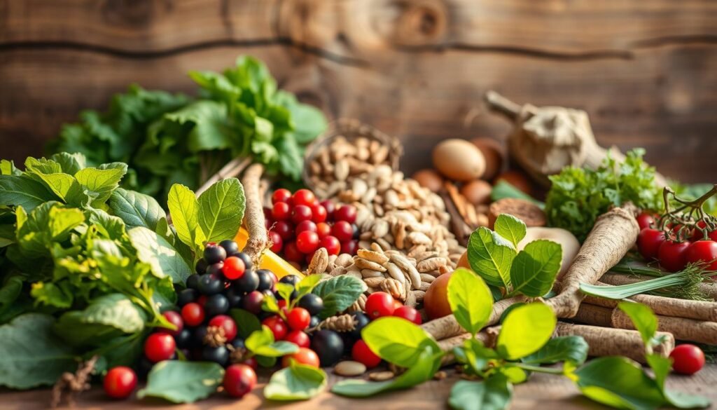 A vibrant, natural still life showcasing a collection of fresh, wholesome ingredients for physical well-being. In the foreground, a variety of leafy greens, vibrant berries, and earthy roots are arranged with care, casting warm, diffused light. The middle ground features a selection of nuts, seeds, and dried fruits, hinting at the nutritional richness. In the background, a backdrop of rustic wood and natural textures creates a grounded, earthy atmosphere. The overall scene conveys a sense of balance, vitality, and the restorative power of pure, unadulterated ingredients. Captured with a 50mm lens at f/5.6, 1/125s, providing a shallow depth of field to draw the viewer's eye to the central elements.