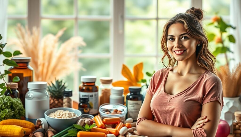 A vibrant, photorealistic thumbnail image depicting the benefits of supplements for PMS (premenstrual syndrome). The scene features a confident, youthful woman in the foreground, standing amidst an array of natural ingredients and supplements. The middle ground showcases a calm, serene background with soft lighting, perhaps a window overlooking a peaceful garden. The overall mood is one of balance, vitality, and a holistic approach to addressing premenstrual symptoms. The image should convey a sense of empowerment and natural remedy, capturing the essence of how supplementation can help alleviate PMS.