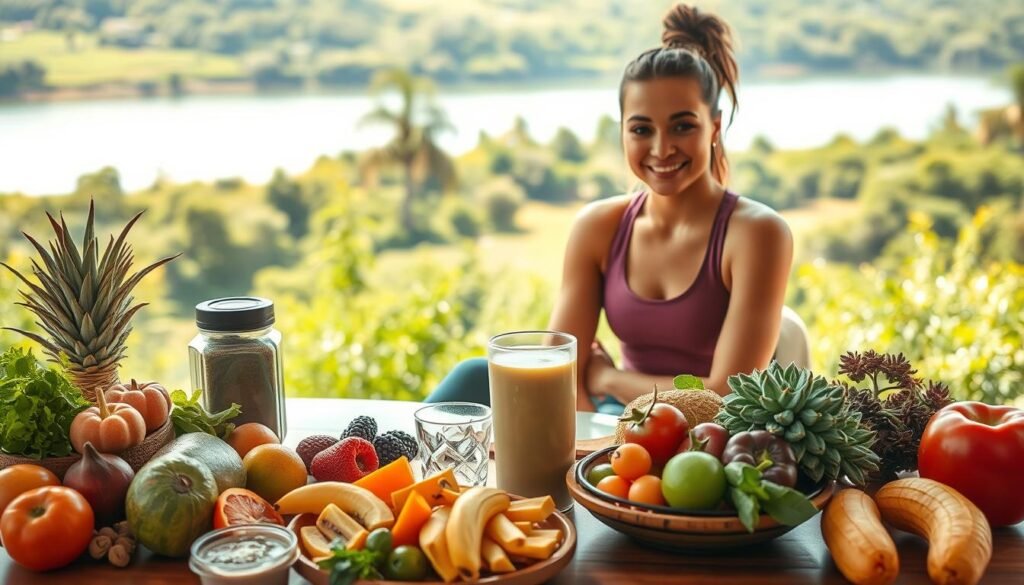 A vibrant scene of a healthy, confident individual enjoying a pre-workout meal in a serene, natural setting. The foreground showcases a table with an array of fresh, colorful fruits, vegetables, and a protein-rich smoothie, all arranged in an aesthetically pleasing manner. The middle ground features the person sitting comfortably, radiating a sense of calm and focus, dressed in athletic wear. The background depicts a lush, verdant landscape with a calming body of water, conveying a tranquil atmosphere. The lighting is warm and natural, casting a soothing glow over the entire scene. The composition is balanced, with a sense of harmony and flow, inviting the viewer to feel inspired and energized without experiencing anxiety.