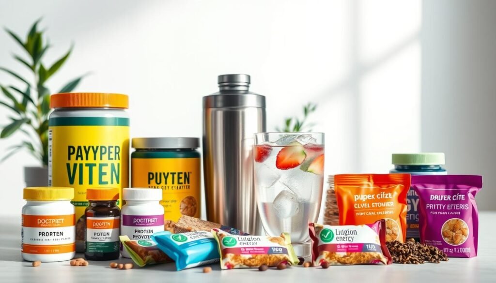 A vibrant still life arrangement showcasing a variety of healthy, caffeine-free supplements and wellness products. The foreground features an array of protein powder containers, vitamin bottles, and plant-based energy bars in a range of bright, appealing colors. In the middle ground, a sleek, metallic shaker bottle and a glass of refreshing, infused water add a modern, clean-living atmosphere. The background subtly hints at a minimalist, natural setting, perhaps with a potted plant or a simple, minimalist backdrop. Soft, natural lighting illuminates the scene, creating a sense of balance and wellness. The overall composition conveys a confident, healthy lifestyle without the need for stimulants.