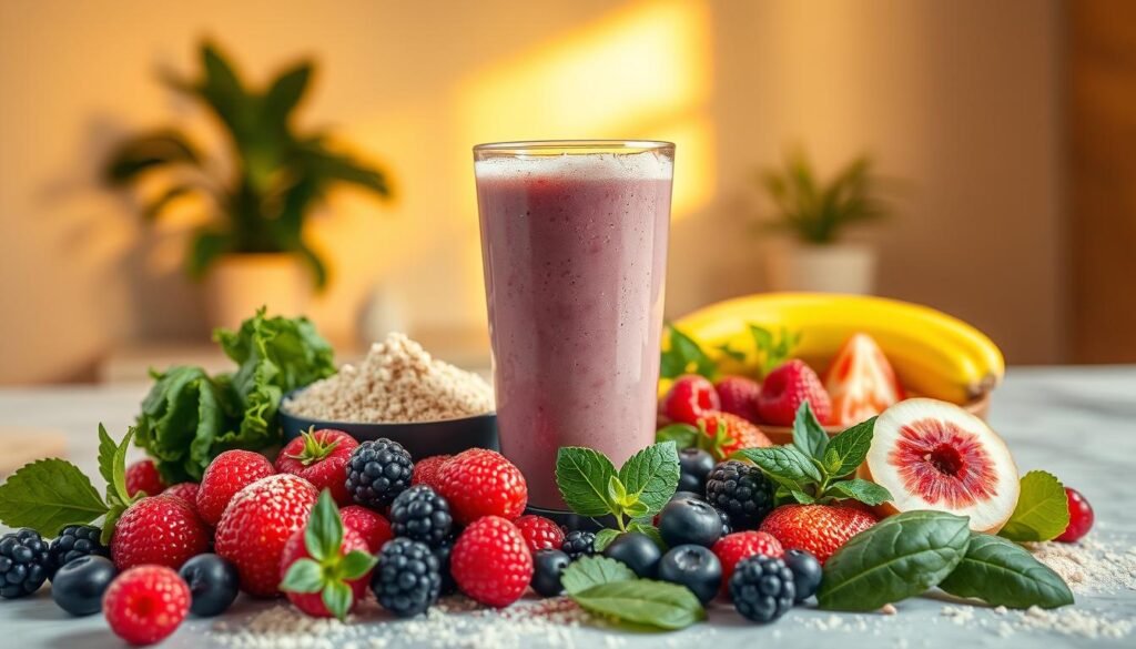 A vibrant still life capturing the benefits of pre-workout supplements without caffeine or refined sugar. In the foreground, an array of colorful superfoods - berries, leafy greens, and protein powder - arranged artfully. In the middle ground, a glass filled with a frothy, nutrient-dense pre-workout blend, bubbling with natural energy. The background features a clean, minimalist space, bathed in warm, golden lighting that enhances the healthful, energizing mood. The composition emphasizes balance, vitality, and the power of whole, unprocessed ingredients to fuel an active lifestyle. Captured with a shallow depth of field to draw the viewer's eye to the key elements.