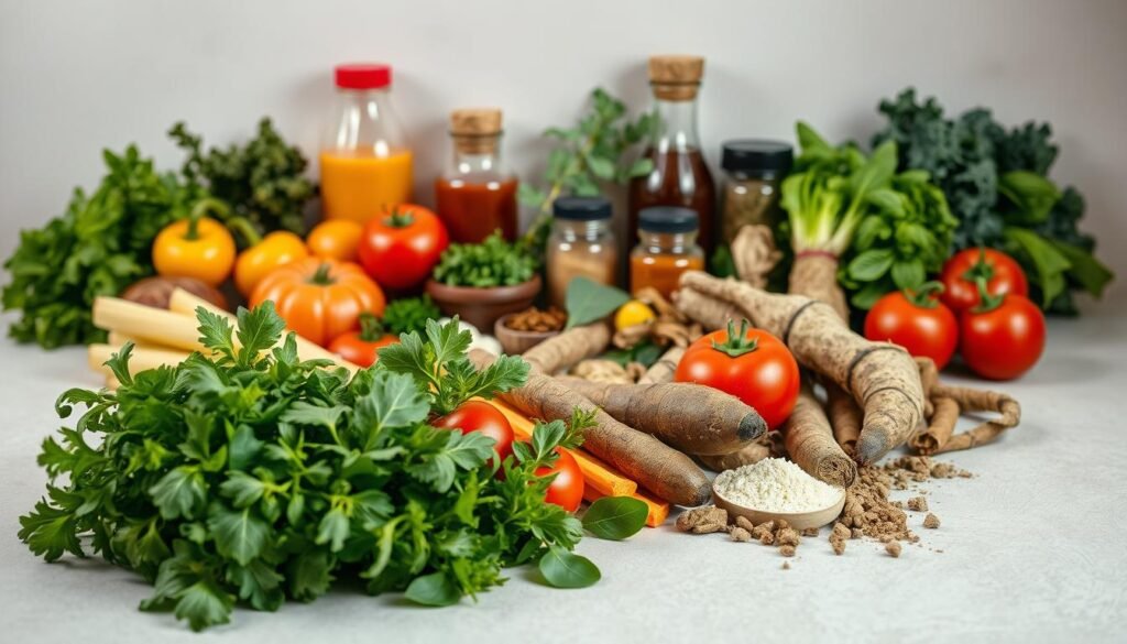 A vibrant still life composition showcasing an assortment of fresh, wholesome ingredients arranged with intentionality. In the foreground, a variety of colorful produce - crisp greens, ripe tomatoes, earthy roots - artfully displayed. The middle ground features various herbs, spices, and condiments, their textures and flavors complementing the main ingredients. Behind, a neutral background allows the ingredients to take center stage, bathed in soft, directional lighting that casts subtle shadows, emphasizing the three-dimensional forms. The overall scene conveys a sense of healthfulness, balance, and the benefits of thoughtfully combining diverse nutritional elements. This image reflects the importance of ingredient synergy for optimal training performance and overall well-being.