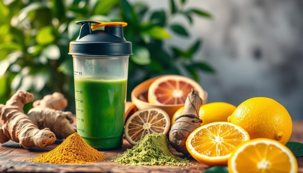A vibrant still life composition showcasing the principal natural ingredients for a pre-workout supplement. In the foreground, an array of colorful superfoods - ginger, turmeric, matcha powder, and ashwagandha root - are arranged artfully on a rustic wooden surface. In the middle ground, a shaker bottle filled with a green, frothy liquid sits alongside freshly sliced citrus fruits. The background features lush, verdant greenery and soft, natural lighting, evoking a sense of health, vitality, and an active lifestyle. The overall mood is one of confidence, wellness, and natural energy.