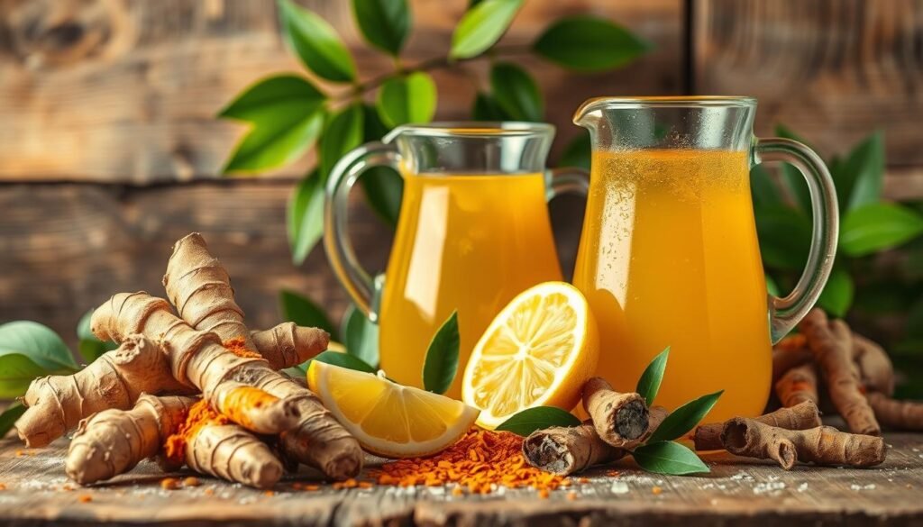 A vibrant still life of essential natural ingredients for a caffeine-free energy drink. Positioned in the foreground, a cluster of fresh ginger roots, turmeric rhizomes, and lemon wedges exude an earthy, invigorating aroma. In the middle ground, a glass pitcher overflows with a golden, effervescent liquid, hinting at the healthful, energizing beverage to be crafted. The background features a rustic wooden surface, complemented by lush green leaves that add a sense of vitality. Warm, diffused lighting casts a gentle glow, emphasizing the vibrant colors and organic textures of the scene. The overall mood is one of natural vitality and wellness, inviting the viewer to experience the benefits of a homemade, caffeine-free pre-workout.