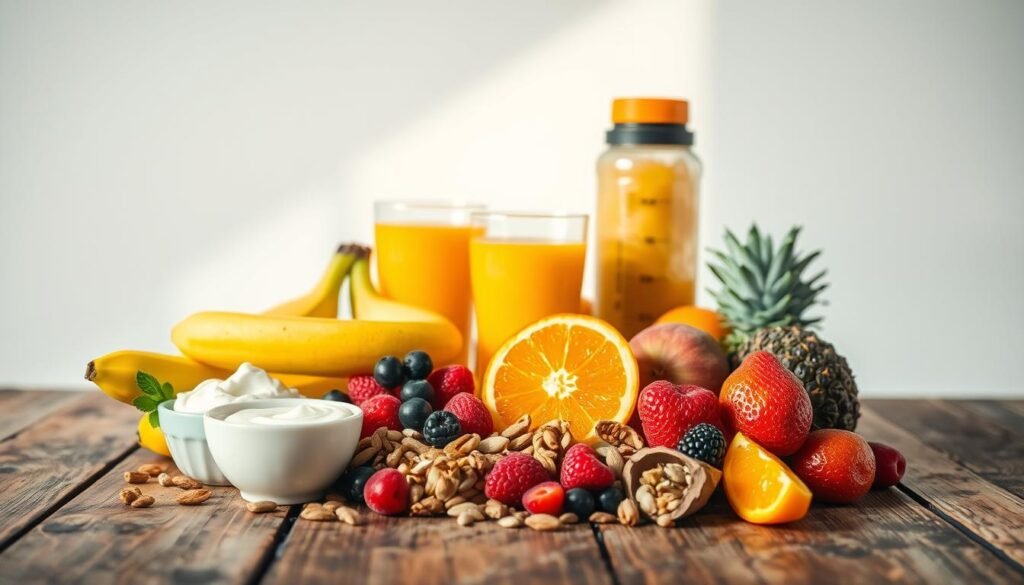 A vibrant still life of pre-workout energy foods displayed on a rustic wooden table. In the foreground, a selection of colorful fruits - bananas, oranges, and berries - alongside crunchy nuts, seeds, and protein-rich Greek yogurt. In the middle ground, a glass of freshly squeezed fruit juice and a protein shake in a shaker bottle. The background features a minimalist white wall, creating a clean, modern backdrop. Soft, natural lighting illuminates the scene, casting a warm, inviting glow. The overall composition exudes a sense of balance, vitality, and purposeful preparation for an energetic workout.