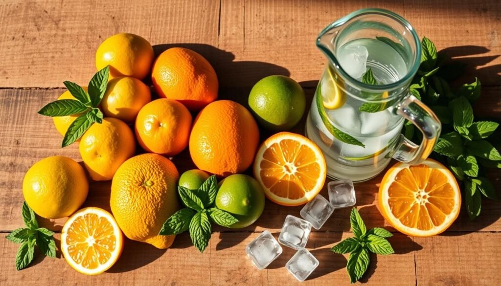 A vibrant still life scene capturing the essential ingredients for a revitalizing beverage. Artfully arranged on a rustic wooden surface, a collection of fresh citrus fruits, including lemons, limes, and oranges, alongside a bundle of fresh mint leaves, a glass pitcher filled with clear liquid, and a few ice cubes. Soft, natural lighting from the side casts warm shadows, creating depth and dimension. The overall composition conveys a sense of refreshment and vitality, reflecting the energetic nature of the recipe. The scene is framed in a 16:9 aspect ratio, with a confident, minimalist presentation that allows the ingredients to take center stage.