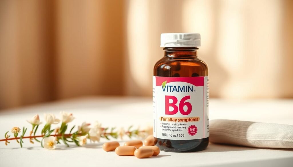 A vibrant still life showcasing a bottle of vitamin B6 supplements, prominently displayed against a softly blurred background. The bottle is captured in crisp detail, its label highlighting the key benefits of B6 for alleviating PMS symptoms. Warm, natural lighting illuminates the scene, creating a soothing, reassuring atmosphere. The composition is balanced, with the supplement bottle positioned as the focal point, surrounded by subtle, complementary elements that reinforce the theme of natural relief. The overall tone is one of confidence and optimism, inviting the viewer to consider the power of this essential nutrient in supporting women's health and well-being.