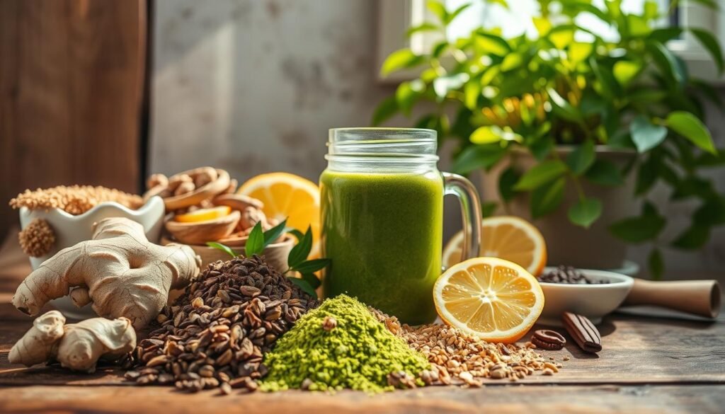 A vibrant still life showcasing a selection of natural energy-boosting substances. In the foreground, an assortment of fresh, organic ingredients such as ginger, matcha tea leaves, raw cacao nibs, and bee pollen are elegantly arranged on a rustic wooden surface. The middle ground features a glass jar filled with a nutrient-rich green smoothie, complemented by a few slices of citrus fruit. In the background, a lush, verdant potted plant adds a sense of vitality and wellness. The scene is illuminated by soft, natural lighting, casting warm shadows and highlighting the rich colors and textures of the various elements. The overall atmosphere conveys a sense of balance, vitality, and a healthy, active lifestyle.