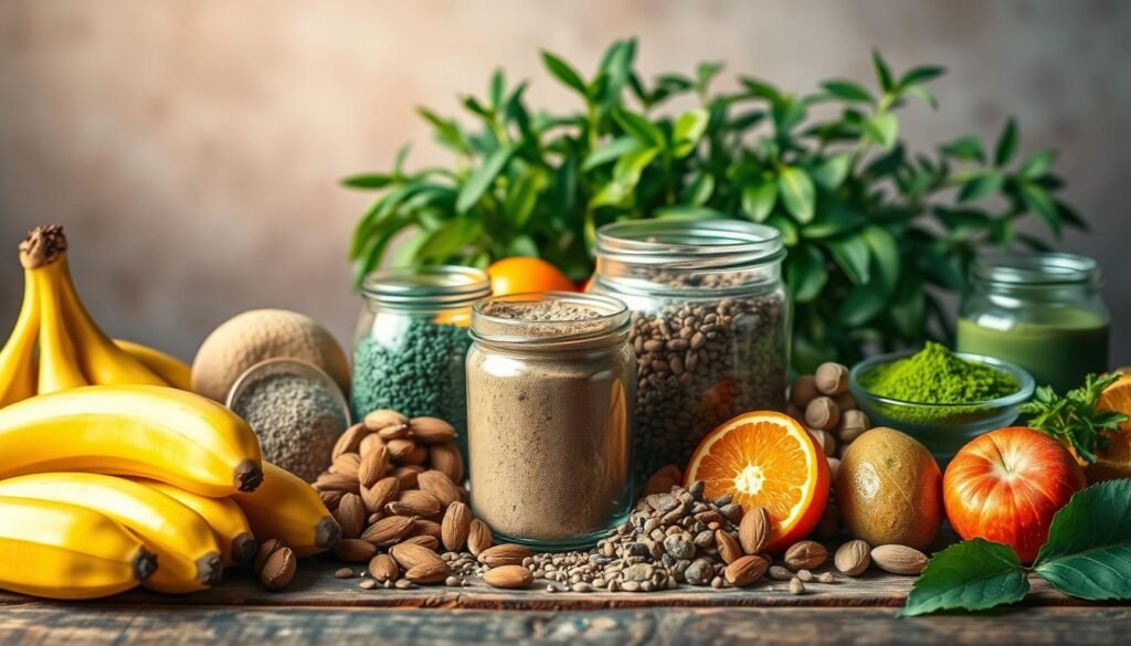 A vibrant still life showcasing an array of natural energy-boosting foods and supplements on a rustic wooden surface. In the foreground, a variety of whole fruits, nuts, and seeds, such as bananas, oranges, almonds, and chia, are arranged neatly. In the middle ground, glass jars filled with powdered superfoods like maca, spirulina, and matcha create a colorful display. The background features lush greenery, perhaps a potted plant or fresh herbs, lending a crisp, organic atmosphere. Warm, natural lighting bathes the scene, casting gentle shadows and highlighting the vibrant hues of the ingredients. The overall composition conveys a sense of health, vitality, and a balanced approach to fueling one's energy during training, without reliance on caffeine.