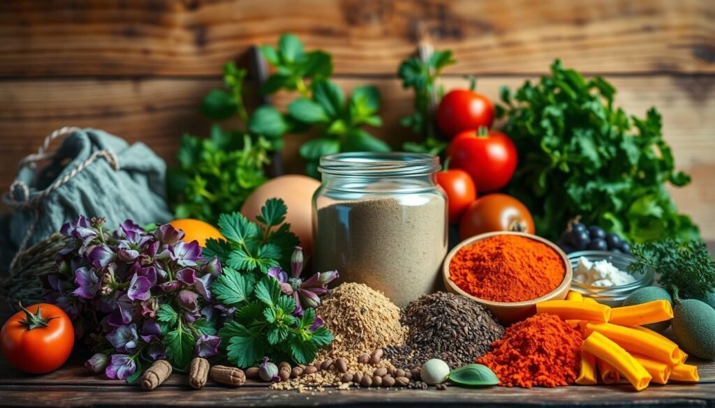 A vibrant still life showcasing an array of natural ingredients for physical vitality. In the foreground, a variety of fresh herbs, spices, and superfoods are artfully arranged, their colors and textures creating a visually striking composition. The middle ground features a glass jar filled with a powdered supplement, its transparency allowing a glimpse of the nutrient-dense contents. In the background, a wooden surface provides a rustic, grounded backdrop, complemented by warm, directional lighting that casts gentle shadows and highlights the natural details. The overall scene conveys a sense of wellness, balance, and the power of using pure, unprocessed ingredients to support physical well-being.