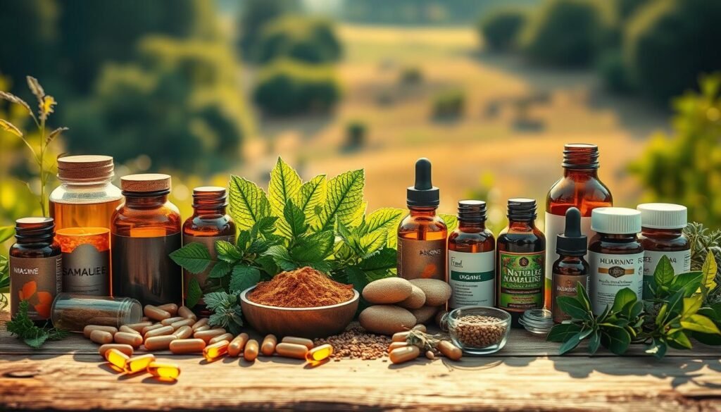 A vibrant still life showcasing an array of natural supplements. In the foreground, a variety of capsules, powders, and tinctures in earthy tones are elegantly arranged on a wooden surface, bathed in warm, natural lighting. The middle ground features lush, verdant foliage, hinting at the organic, plant-based origins of the supplements. In the background, a soft, blurred landscape suggests a serene, natural setting. The overall composition conveys a sense of purity, wellness, and the beneficial properties of these natural remedies. Captured with a shallow depth of field, this thumbnail image in 16:9 format (1344×768) presents a confident, inviting display of the natural advantages of supplementation.