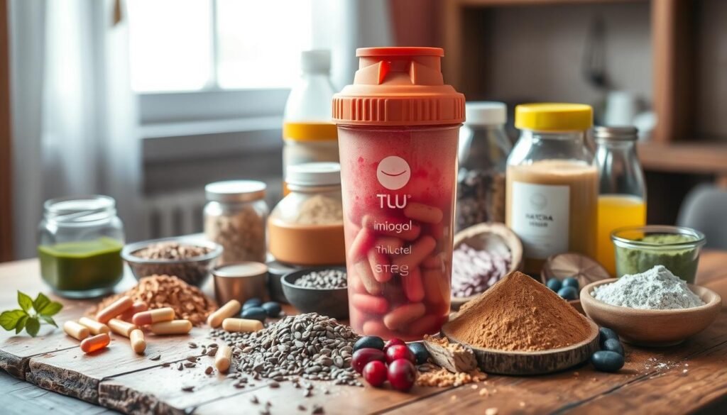 A vibrant still life showcasing the essential ingredients for a light pre-workout supplement. Artfully arranged on a rustic wooden table, a collection of powders, capsules, and liquids in earthy tones illuminated by soft, natural light filtering through a window. In the foreground, a shaker bottle, its contents swirling with a blend of supplements, takes center stage. Complementing this, an assortment of superfoods like chia seeds, matcha powder, and acai berries create a visually appealing and nutritious composition. The overall atmosphere conveys a sense of balanced energy and wellness, perfectly suited to introduce a beginner's guide to gentle pre-workout routines.
