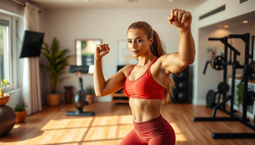 A vibrant, well-equipped home gym with a strong, confident woman performing pre-workout exercises. Warm, natural lighting illuminates the scene, highlighting her toned physique and focused expression. The background features minimalist decor, clean lines, and a sense of tranquility, creating a serene yet motivating atmosphere. The frame is composed to emphasize the woman's powerful movements, capturing the essence of a pre-workout routine tailored for women. The overall scene conveys a sense of empowerment, discipline, and a commitment to a healthy, active lifestyle.