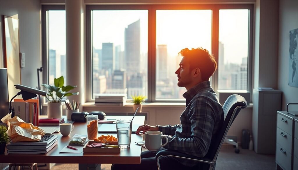 A vibrant, well-lit office space with a desk, chair, and various office supplies. In the foreground, a person sits upright, their body language conveying alertness and focus. They are surrounded by a selection of healthy snacks, a glass of water, and a steaming mug of coffee or tea. The background features a large window overlooking a bustling city skyline, with natural light streaming in and creating a warm, productive atmosphere. The image conveys a sense of productivity, energy, and strategies to combat post-lunch drowsiness.