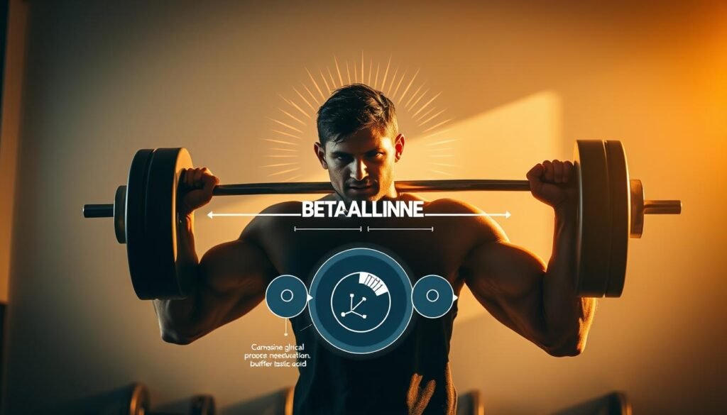 A vibrant, well-lit scene depicting the benefits of beta-alanine supplementation. In the foreground, a muscular, determined individual performs a weightlifting exercise, their face exuding confidence and focus. Surrounding them, a halo of glowing energy emanates, symbolizing the enhanced physical performance and endurance enabled by beta-alanine. In the middle ground, a visual breakdown of beta-alanine's mechanisms, including its role in carnosine production and its ability to buffer lactic acid. The background features a clean, minimalist environment, allowing the subject and key information to take center stage. Warm, natural lighting casts a golden glow, accentuating the sense of vitality and athletic prowess. The overall composition conveys the power and advantages of incorporating beta-alanine into a pre-workout regimen.