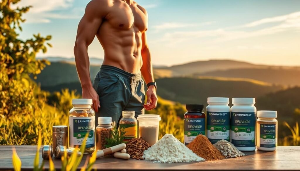 A vibrant, well-lit scene of a person standing confidently in a natural setting, surrounded by lush greenery and bathed in warm, golden light. In the foreground, the person's body is in focus, showcasing their muscular physique and athletic pose, conveying a sense of strength and vitality. In the middle ground, an array of natural supplements and powders are artfully arranged, representing the natural pre-workout ingredients. The background features a serene landscape, with rolling hills and a tranquil sky, evoking a sense of balance and harmony. The overall mood is one of health, wellness, and the benefits of a natural pre-workout routine.