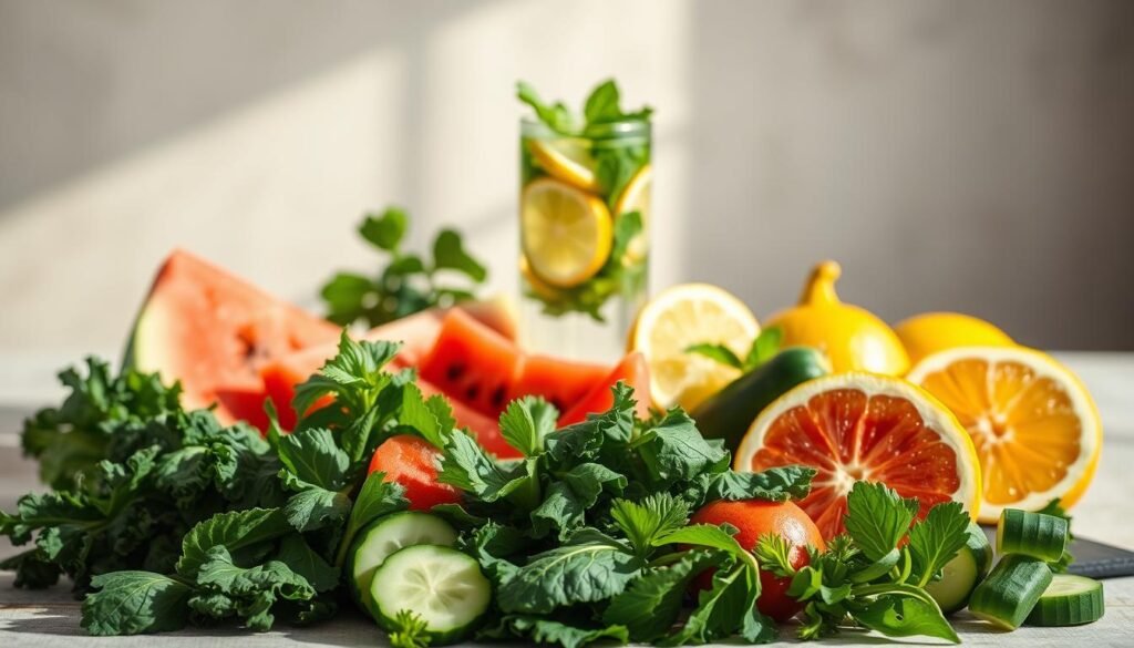 A visually appealing still life composition showcasing a selection of fresh, nutrient-dense foods that can help combat fluid retention. The scene is bathed in warm, natural lighting, accentuating the vibrant colors and textures of the produce. In the foreground, an assortment of leafy greens, such as kale and spinach, is neatly arranged, complemented by sliced cucumbers, watermelon, and citrus fruits. In the middle ground, a glass of infused water with sliced lemon and mint leaves adds a refreshing element. The background features a simple, neutral backdrop, allowing the natural beauty of the ingredients to take center stage. The overall mood is one of healthfulness, balance, and simplicity, conveying the idea that a thoughtful, plant-based diet can effectively combat fluid retention.