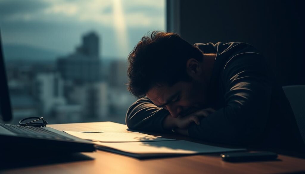 A weary figure slumped over a desk, the weight of mental exhaustion etched into their features. Dim lighting casts long shadows, creating a somber, introspective atmosphere. Muted tones of grays and blues convey a sense of emotional turmoil. In the background, a blurred cityscape suggests the pressures and demands of modern life. A single beam of light pierces the gloom, offering a glimmer of hope amidst the mental fatigue. Crisp, realistic details bring this scene of stress and mental depletion to life, capturing the essence of the "Estresse e Energia Mental" section.