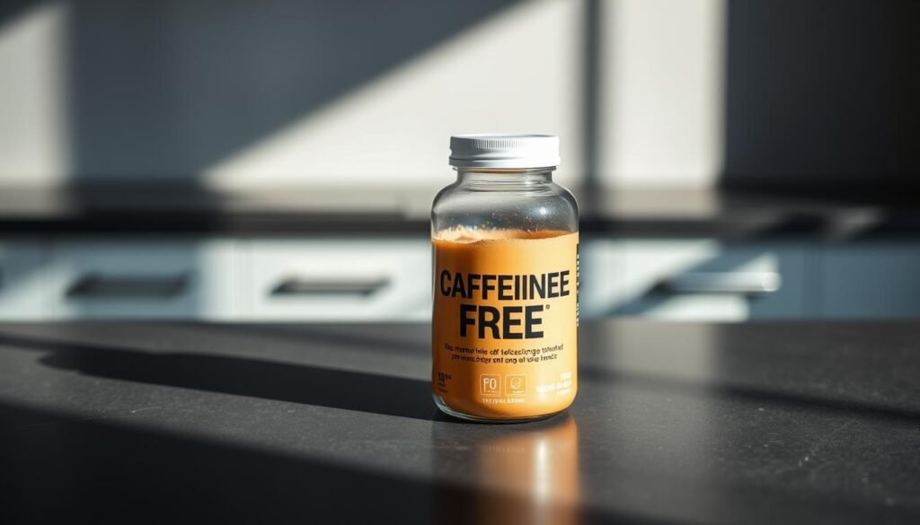 A well-designed, modern supplement bottle filled with a smooth, tan pre-workout powder sits atop a sleek, charcoal-colored countertop. The bottle's label prominently displays "Caffeine-Free" in bold text, emphasizing the product's lack of stimulants. The lighting is soft and natural, casting gentle shadows that accentuate the bottle's clean, minimalist design. The background is blurred, keeping the focus on the central product. The overall atmosphere is serene and confident, suggesting a pre-workout that provides energizing benefits without the jitters of caffeine.