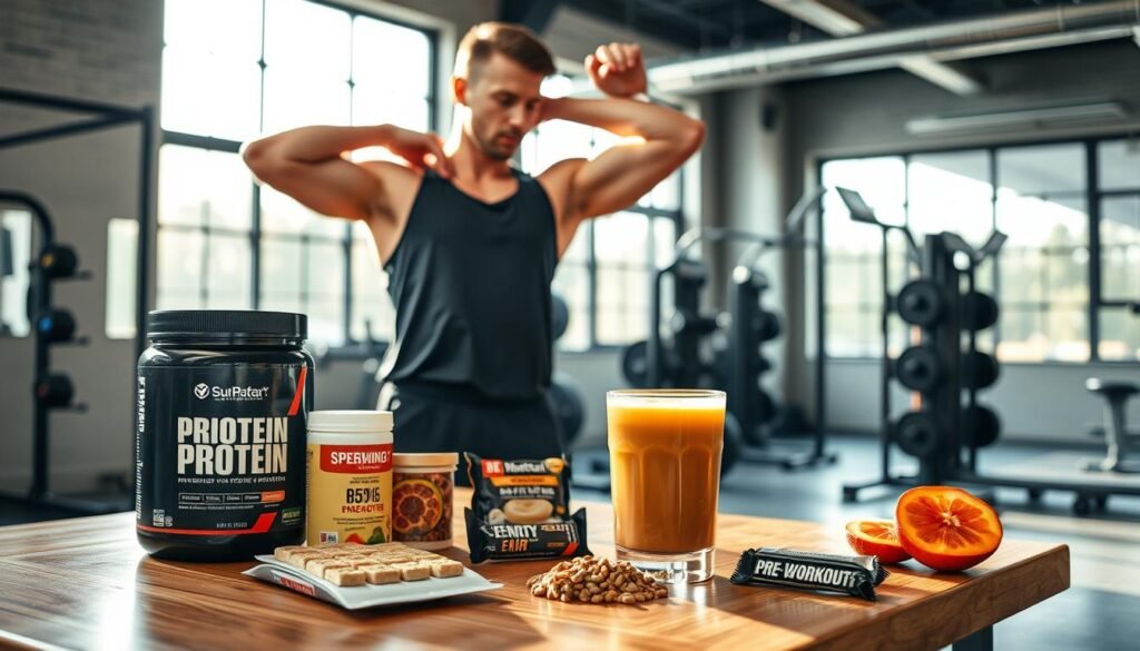 A well-equipped gym with natural lighting streaming through large windows. On a wooden table, an array of sports nutrition products including protein powder, energy bars, and a glass of a fruit-based pre-workout smoothie. In the foreground, a fit and focused athlete in athletic wear stretches and prepares for an intense training session, exuding a sense of determination and discipline. The scene conveys an atmosphere of health, vitality, and the pursuit of peak physical performance.