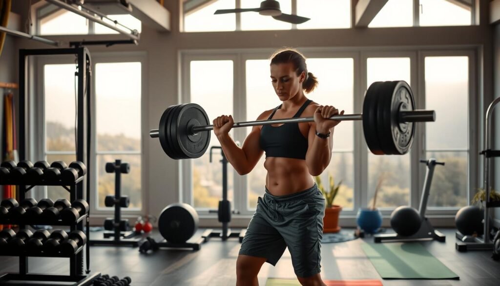 A well-equipped home gym interior with natural lighting. In the foreground, a determined individual in workout attire performing a strength training exercise using a barbell without caffeine supplements. The middle ground features various fitness equipment such as dumbbells, resistance bands, and a yoga mat. The background showcases large windows overlooking a serene outdoor landscape, creating a harmonious and motivating atmosphere. The scene conveys a sense of focus, discipline, and a holistic approach to strength training without reliance on caffeine-based supplements.