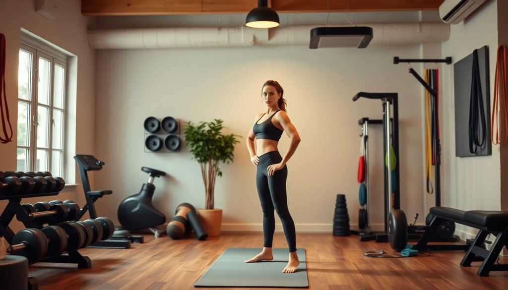 A well-equipped home gym with an array of free weights, resistance bands, and a yoga mat at the center. Warm ambient lighting casts a natural glow, setting the stage for a focused, invigorating pre-workout routine. The model, dressed in sleek athletic attire, stands with a determined expression, ready to embark on a rejuvenating session without relying on stimulants. The overall atmosphere conveys a sense of balance, self-discipline, and a commitment to holistic wellness.