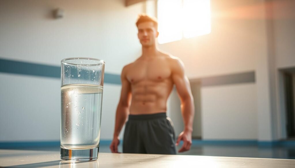 A well-hydrated athlete stands with determination, preparing for a vigorous workout. The scene is bathed in warm, natural lighting, highlighting the individual's athletic physique and the importance of proper hydration before physical exertion. In the foreground, a glass of water or sports drink rests on a clean, minimalist surface, symbolizing the crucial role of proper hydration in optimizing pre-workout performance. The middle ground features the subject, dressed in comfortable, moisture-wicking activewear, conveying a sense of focus and readiness. The background subtly suggests a clean, modern gymnasium or fitness space, emphasizing the importance of creating an environment conducive to a successful workout routine.
