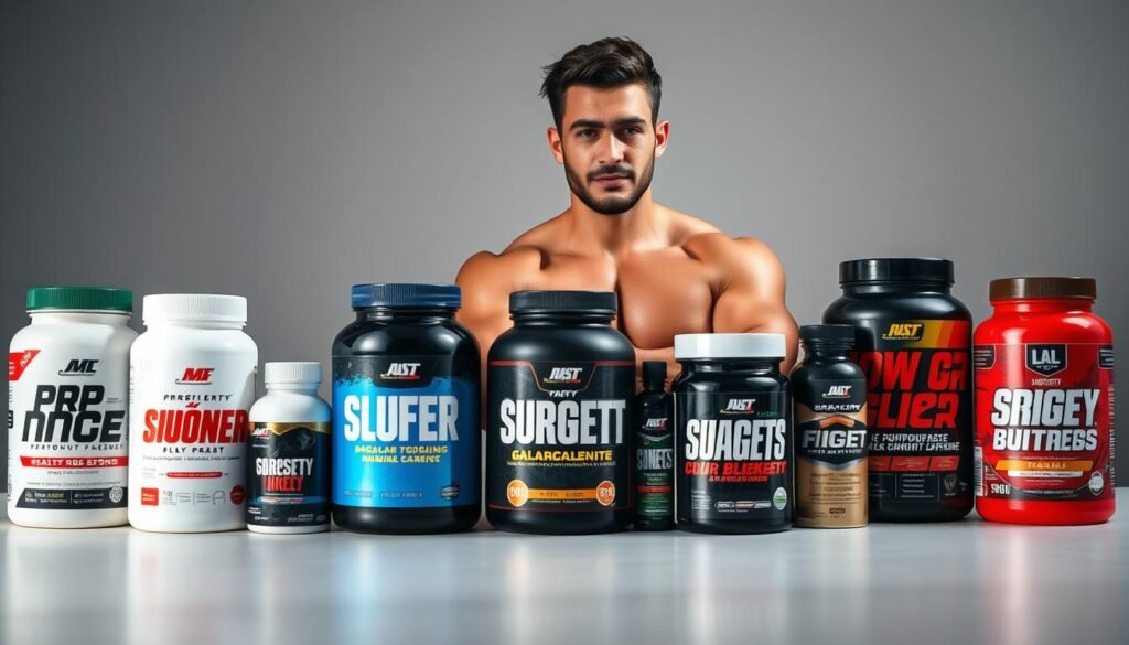 A well-lit, 16:9 format thumbnail showcasing a confident, fitness-oriented individual standing before a variety of high-quality, visually appealing pre-workout supplements without caffeine. The image should convey a sense of expertise and informed decision-making, with the supplements arranged in an aesthetically pleasing manner that highlights their key features. The background should be clean and uncluttered, allowing the products to take center stage. Subtle lighting and a balanced composition should emphasize the subject's sense of authority and the thoughtful selection of the best caffeine-free pre-workout option for beginners.