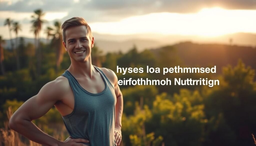 A well-lit, 16:9 format thumbnail showcasing a confident person in a serene, natural setting. The foreground features the person standing in a relaxed, powerful pose, clad in athletic wear. The middle ground includes lush greenery, perhaps a forest or meadow, bathed in warm, golden light. The background subtly suggests a sense of elevation, with distant mountains or hills fading into the horizon. The overall scene conveys the importance of physical performance through nutrition, with a tranquil, inspirational atmosphere.