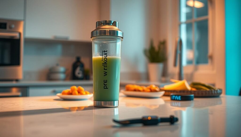A well-lit and minimalist kitchen counter, with a sleek stainless steel shaker bottle filled with a light green pre-workout supplement. The bottle's label prominently displays "no caffeine" to convey the supplement's non-stimulant nature. The scene is bathed in a warm, golden-hour lighting, creating a serene and relaxing atmosphere. In the background, a few healthy snacks and a fitness tracker add to the health-conscious theme. The overall composition suggests a thoughtful, evening pre-workout routine that won't disrupt restful sleep.
