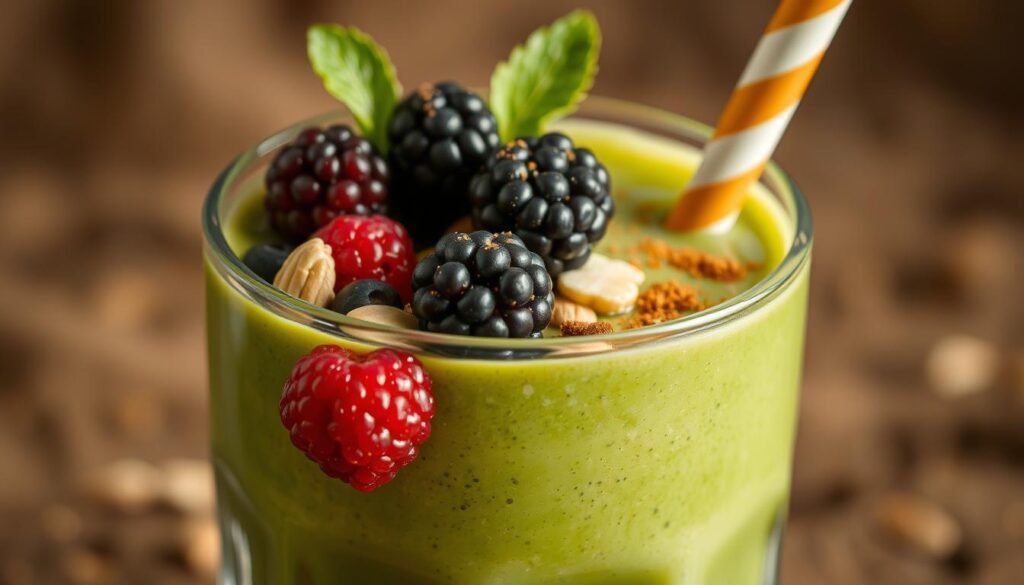 A well-lit, appetizing close-up of a natural, plant-based protein shake in a transparent glass tumbler, garnished with fresh berries, nuts, and a sprinkle of cinnamon. The shake has a rich, creamy texture and a vibrant, vivid green hue from nutrient-dense superfoods. The lighting is warm and soft, creating a comforting, inviting atmosphere. The scene is set against a blurred, earthy background, emphasizing the shake's wholesomeness and natural benefits. The composition is balanced and visually appealing, drawing the viewer's attention to the healthy, energizing properties of the shake.