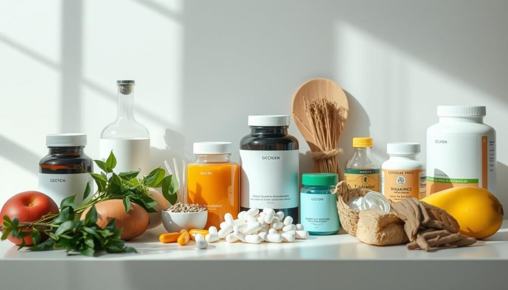 A well-lit arrangement of common dietary supplement ingredients such as vitamins, minerals, herbs, and other natural products, neatly organized on a neutral-colored countertop or table. The items should be presented in a clean, minimalist style, with a sense of balance and symmetry. Soft, natural lighting illuminates the scene, casting gentle shadows and highlighting the textures and colors of the various supplements. The overall mood is one of simplicity, health, and efficacy, conveying the idea of a straightforward, non-stimulant supplement formulation for women.