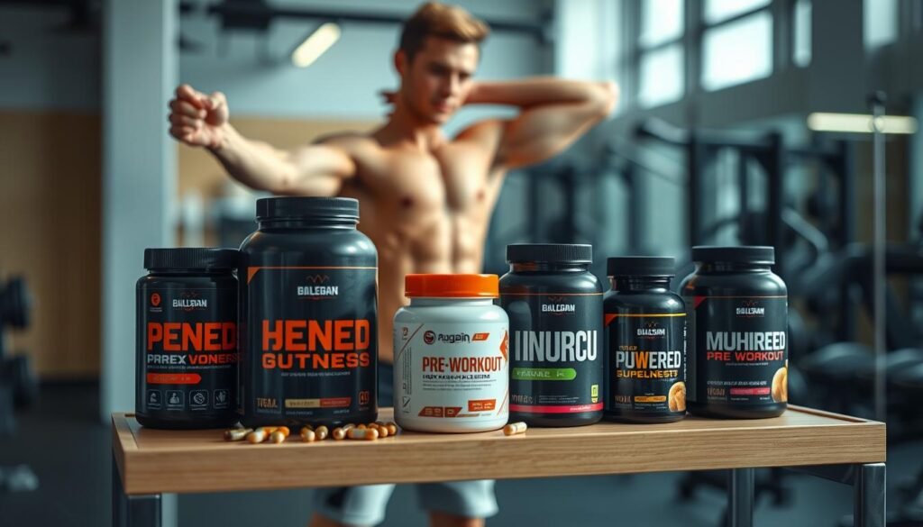 A well-lit, clean, and modern-looking gym setting with a selection of high-quality, branded sports nutrition supplements, including pre-workout powders and capsules, arranged neatly on a minimalist wooden or metal shelving unit. The camera angle should be slightly elevated, giving a birds-eye view of the display. The lighting should be soft and natural, creating an inviting and aspirational atmosphere. The focus should be on the supplements, highlighting their quality and versatility, with a confident, fit-looking individual in the background, perhaps stretching or doing light exercises, conveying the message of a healthy, active lifestyle.