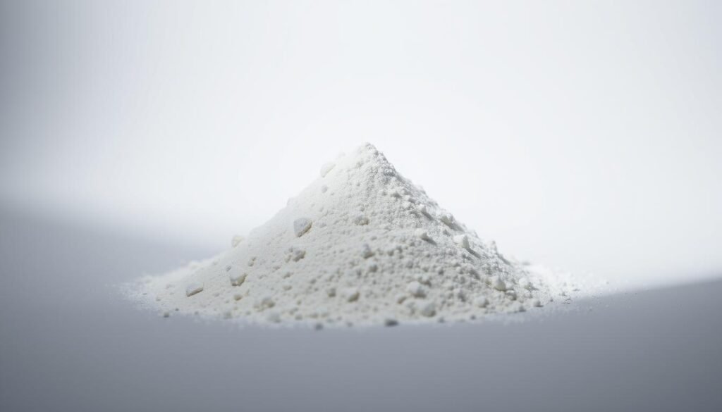A well-lit, close-up shot of a single serving of creatine powder, with a sleek, minimalist design aesthetic. The creatine is displayed against a clean, neutral background, with soft, diffused lighting from the side, highlighting the fine texture and crystalline structure of the powder. The overall mood is one of purity, simplicity, and efficacy, conveying the idea of a high-quality, reliable pre-workout supplement. The composition is balanced and visually appealing, drawing the viewer's attention to the central subject.