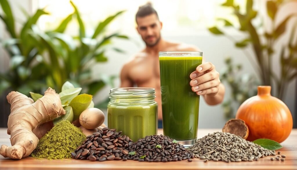 A well-lit close-up shot of an assortment of fresh, natural energy supplements arranged in the foreground, including organic ginger root, matcha green tea powder, raw cacao nibs, and chia seeds. In the middle ground, a fit, confident individual stands holding a glass of energizing green juice, their expression embodying a sense of vitality and focus. The background features a serene, nature-inspired setting with lush greenery and soft, warm lighting, evoking a sense of wellness and balance.