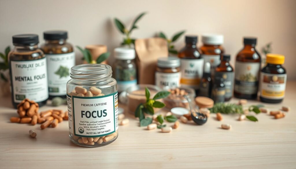 A well-lit, close-up still life featuring an assortment of natural supplements and vitamins arranged neatly on a plain, light-colored wooden surface. In the foreground, a glass jar filled with a premium, caffeine-free mental focus supplement, its label prominently displayed. Surrounding it, a variety of herbal capsules, powders, and tinctures, their packaging showcasing earthy, minimalist designs. The middle ground features a scattering of fresh green leaves, herbs, and other botanicals, hinting at the natural, wholesome ingredients within the supplements. The background is softly blurred, creating a sense of depth and emphasizing the subject. Warm, soft lighting illuminates the scene, casting gentle shadows and highlighting the textures of the various elements. The overall mood is one of calm, clarity, and mindful wellness.