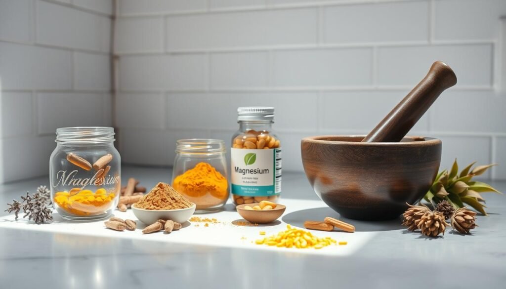 A well-lit countertop showcases an assortment of natural, caffeine-free supplement ingredients. In the foreground, an arrangement of botanicals such as ashwagandha, rhodiola, and L-theanine sits alongside a glass jar filled with golden turmeric powder. In the middle ground, a mortar and pestle grinds a blend of adaptogenic herbs, while a sleek glass bottle of magnesium supplements takes center stage. The background features a minimalist, white-washed wall, creating a clean and serene atmosphere that emphasizes the purity and potency of these natural focus-boosting compounds.