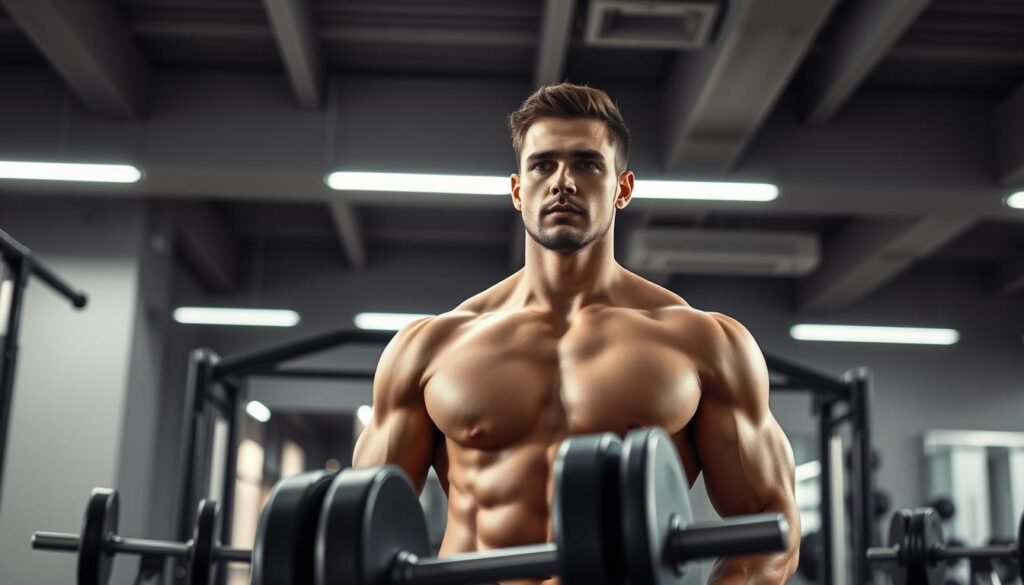 A well-lit gym interior with a focused athlete standing before a set of weights, radiating determination. The scene features a minimalist design with sleek equipment, clean lines, and a muted color palette of grays and blacks. Soft, directional lighting highlights the athlete's muscular physique and intense expression, conveying a sense of purpose and discipline. The background is slightly blurred, drawing the viewer's attention to the central figure. The overall mood is one of focus, energy, and the anticipation of a powerful workout fueled by natural, stimulant-free pre-workout supplements.