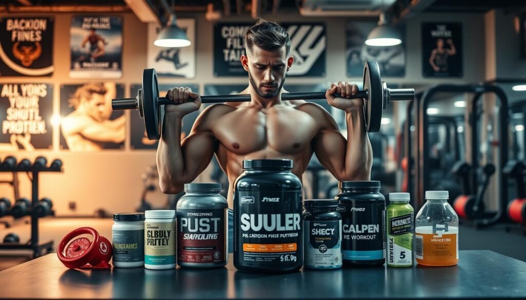A well-lit gym interior with a muscular male athlete in the foreground performing a barbell shoulder press exercise. Surrounding him are various strength training equipment like dumbbells, kettlebells, and resistance bands. The walls are adorned with motivational fitness posters and the lighting casts a warm, focused glow on the scene. In the middle ground, a table displays an assortment of sports nutrition supplements, including protein powder, hydration drinks, and a prominent bottle of a caffeine-free pre-workout formula. The overall atmosphere conveys a sense of focused determination and the benefits of optimized supplementation for strength training.