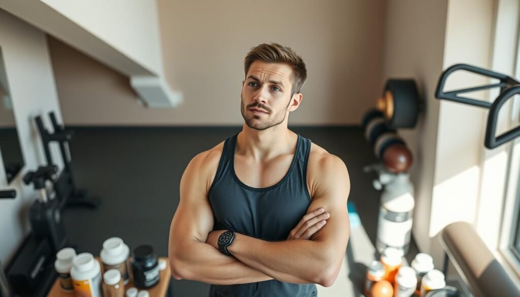 A well-lit, high-angle photograph of a confident, knowledgeable-looking person standing in a modern, minimalist gym surrounded by various supplements and fitness equipment. The subject is wearing activewear and appears thoughtful, suggesting they are carefully considering their supplement choices. The background features clean, neutral tones and simple, geometric shapes to create a sense of balance and focus on the subject. Soft, directional lighting from the side casts subtle shadows, adding depth and dimension to the scene. The overall mood is one of calm, considered decision-making around the important topic of choosing the right supplements for one's fitness regimen.