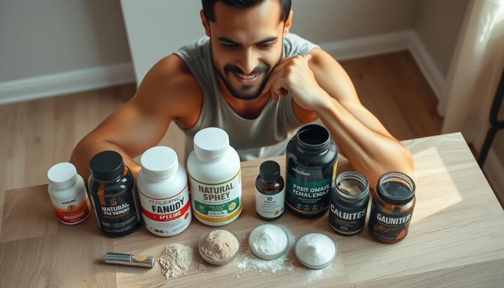 A well-lit, high-angle shot of a relaxed, confident person examining various natural supplement bottles and powders laid out on a clean, wooden surface. The background is softly blurred, emphasizing the products in the foreground. Gentle, warm lighting casts subtle shadows, conveying a sense of thoughtfulness and consideration. The composition is balanced, with the person's gaze focused intently on the selection of natural pre-workout options, capturing the process of carefully choosing the right supplement without harmful additives.