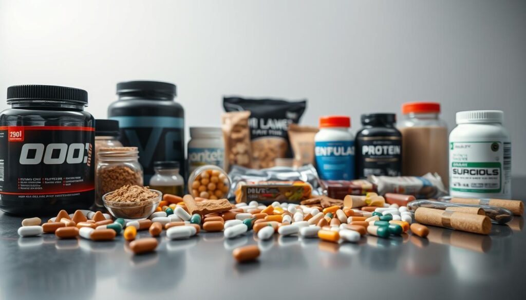 A well-lit, high-quality photo depicting an assortment of fitness supplements arranged on a sleek, metallic surface. In the foreground, a variety of powder-filled containers, pills, and tablets in varying shapes, sizes, and colors are neatly displayed. The middle ground showcases a selection of protein bars and shakes, while the background features a clean, minimalist studio setting with neutral-toned walls and subtle lighting, creating a professional, clinical atmosphere. The scene conveys a sense of efficacy, quality, and the diverse range of supplements available for strength training, without any captions or text.