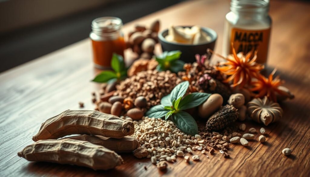 A well-lit, high-quality photograph of various natural pre-workout supplements, including maca root, rhodiola, and other herbal ingredients, arranged on a smooth, wooden surface. The lighting should create a warm, inviting atmosphere, highlighting the vibrant colors and textures of the ingredients. The camera angle should be slightly elevated, giving a birds-eye view of the arrangement, with a shallow depth of field to focus attention on the foreground elements. The overall mood should convey a sense of health, vitality, and the benefits of using natural pre-workout supplements.