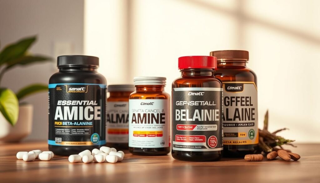 A well-lit, high-quality still life composition showcasing essential amino acids and beta-alanine supplements against a clean, minimalist background. The foreground features the supplements in sleek, modern packaging arranged in an aesthetically pleasing manner, capturing their key ingredients and nutritional benefits. The middle ground provides a sense of depth, with a subtly blurred backdrop highlighting the supplements' purpose for use in pre-workout regimens. Warm, natural lighting casts soft shadows, creating a sense of depth and dimension. The overall mood is clean, modern, and professional, reflecting the technical nature of the subject matter.
