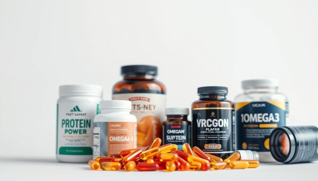 A well-lit, high-quality studio photograph of an assortment of nutritional supplements without caffeine, including protein powders, multivitamins, and omega-3 capsules, arranged artfully on a clean, minimalist white background. The supplements are positioned in the foreground, with a blurred, out-of-focus middle ground and background. The lighting is soft and diffused, creating a warm, inviting atmosphere that highlights the purity and quality of the products. The overall composition is balanced and visually appealing, conveying a sense of confidence and professionalism.